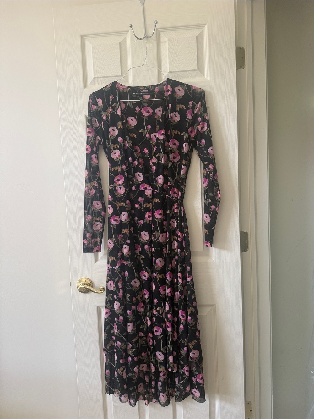 Black Long-Sleeve Floral Midi Dress with Pink Blooms